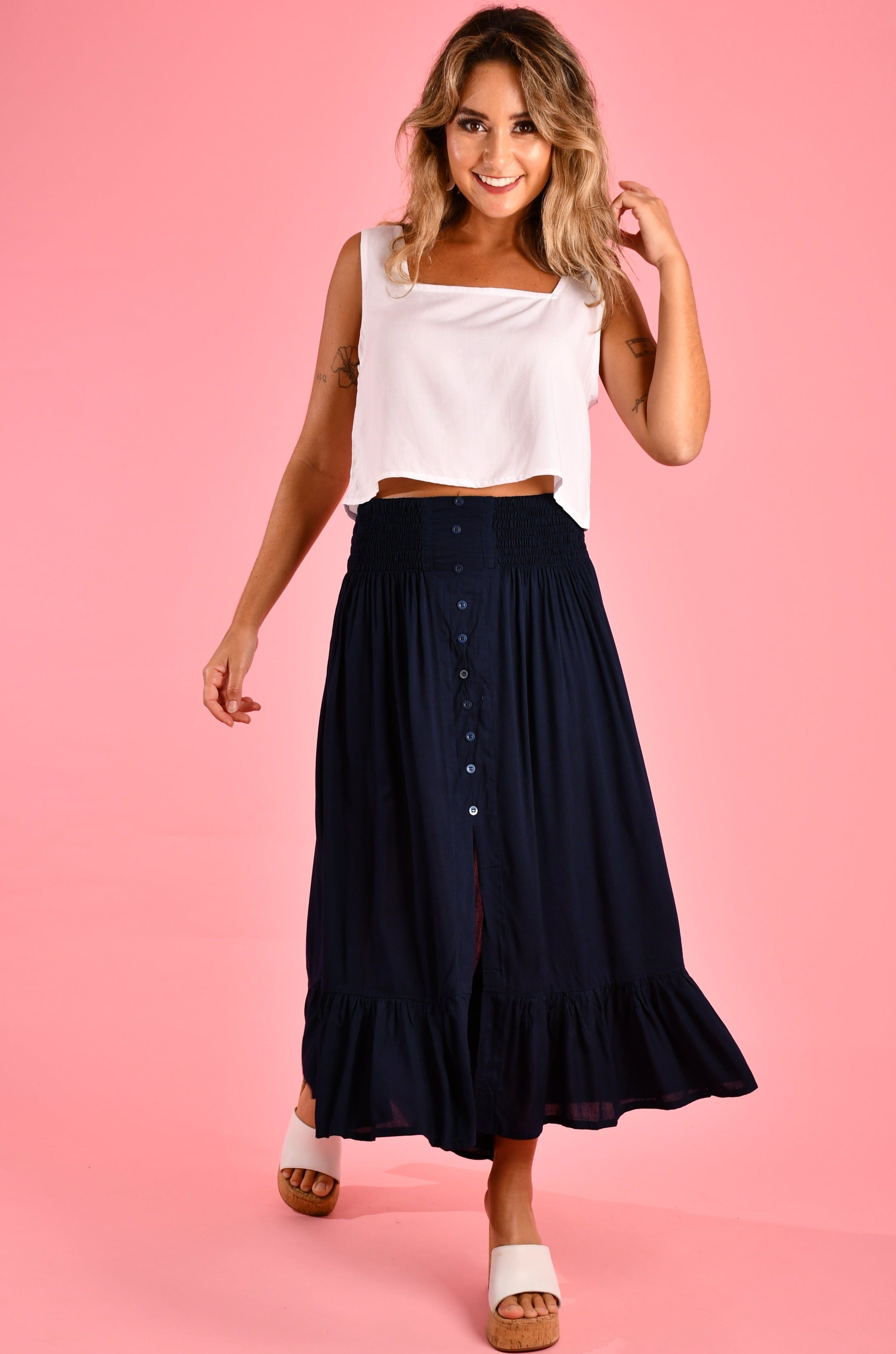 VGLK050 - ROUCHED SKIRT WITH BUTTON DETAIL - NAVY