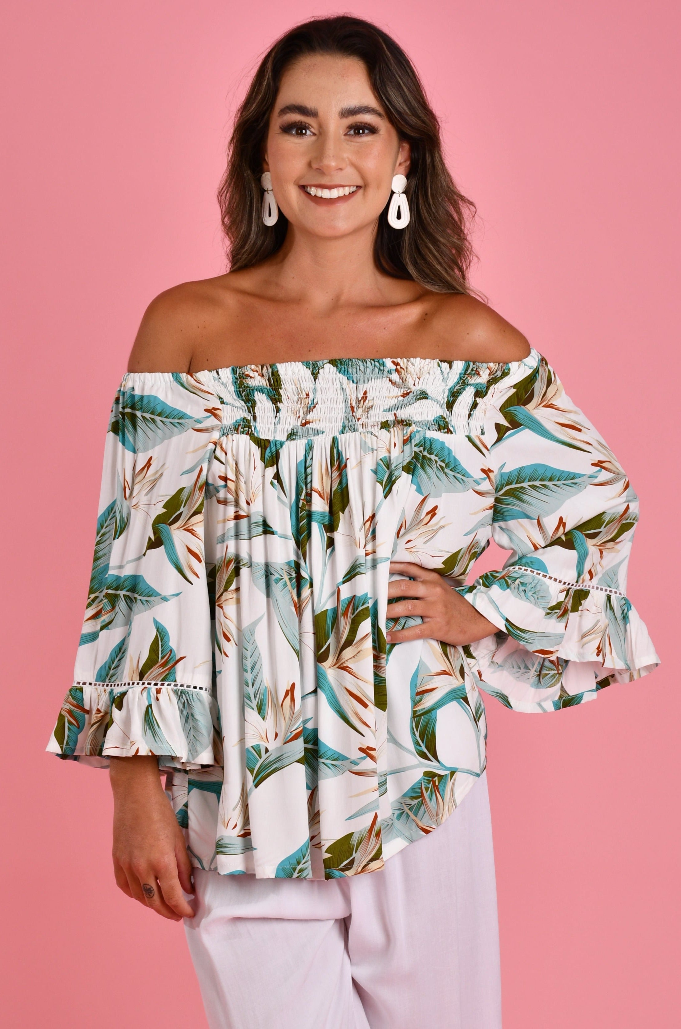 VBLT113 - ROUCHED BELL SLEEVE TOP - WHITE BIRD OF PARADISE