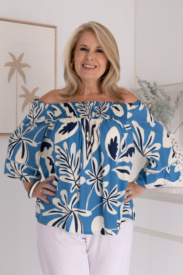 VBLT113 - ROUCHED BELL SLEEVE TOP - TROPIC BLUE