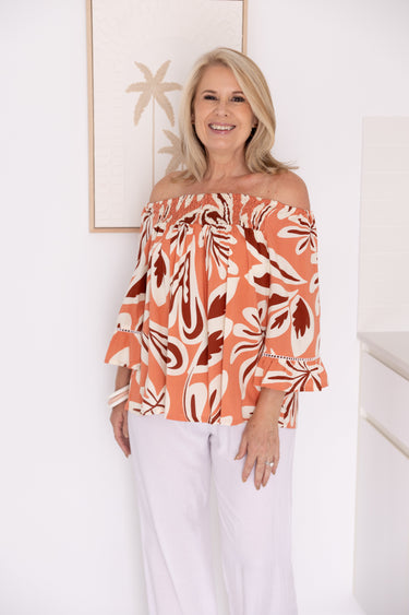 VBLT113 - ROUCHED BELL SLEEVE TOP - TROPIC TERRACOTTA