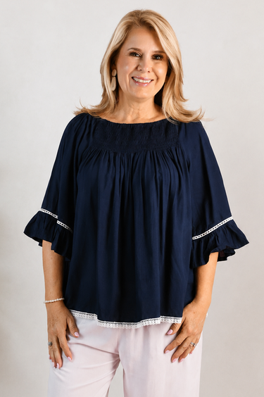 VBLT113 - ROUCHED BELL SLEEVE TOP - NAVY