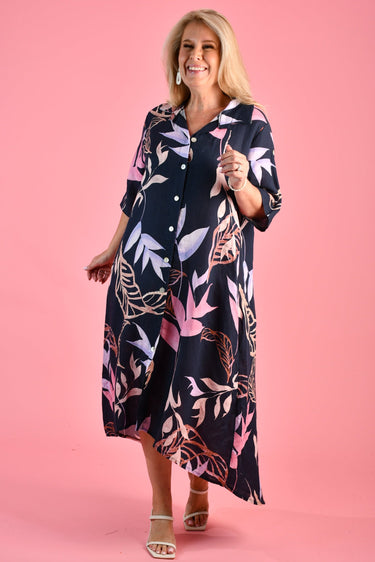 VLSD444 (2868) - MATILDA LINEN BUTTON DRESS - MIDNIGHT TROPICS