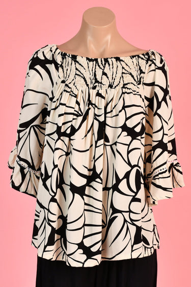 VBLT113 - ROUCHED BELL SLEEVE TOP - SEASHELL BLACK