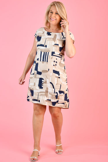 VLSD074 (776) - EMILIA SHIFT DRESS - GEOMETRIC IVORY