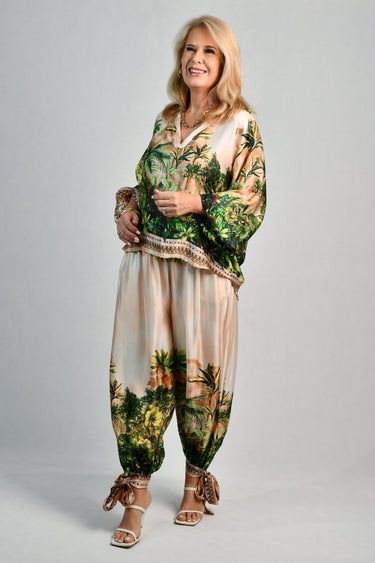 VLSP680 (9516) -  LISA SILK PANT W/TIE - IVORY RAINFOREST