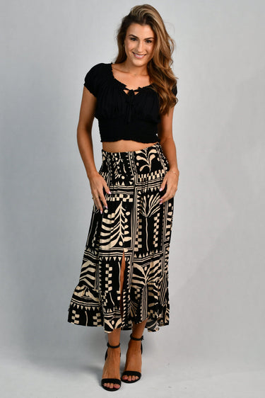 VGLK050 - ROUCHED MIDI SKIRT - TRIBAL ARTISAN BLACK
