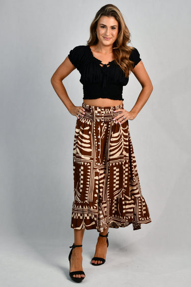 VGLK050 - ROUCHED MIDI SKIRT - TRIBAL ARTISAN BROWN