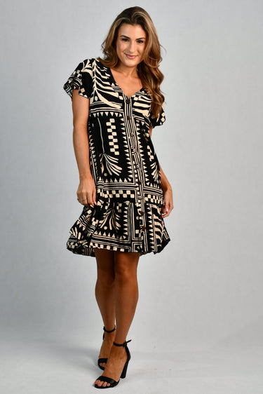 VGLD219 - CAP SLEEVE BUTTON DRESS - TRIBAL ARTISAN BLACK