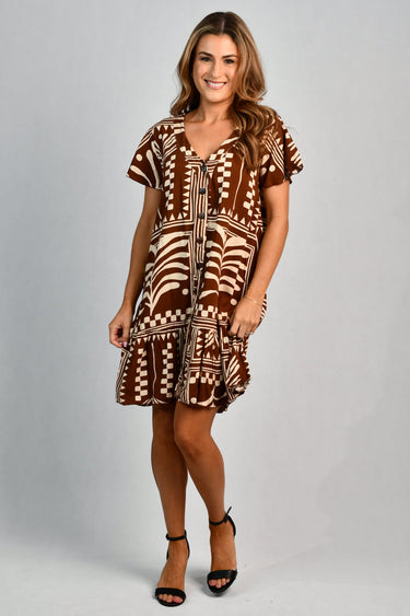 VGLD219 - CAP SLEEVE BUTTON DRESS - TRIBAL ARTISAN BROWN