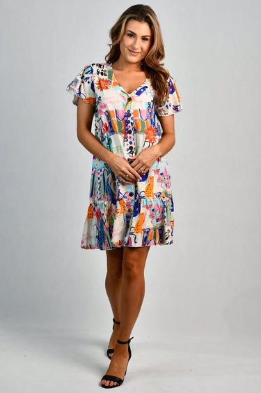 VGLD219 - CAP SLEEVE BUTTON DRESS - SUMMER SCRIBBLE