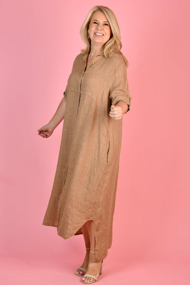 VLSD055 (19A538) - POSITANO LINEN BUTTON DRESS - CARAMEL
