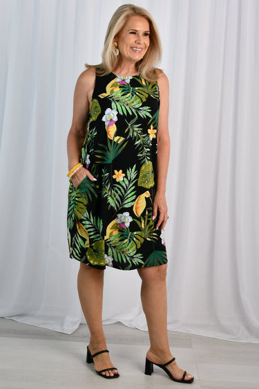 VBLD821 - SUKI SHIFT DRESS - TROPICAL HAVEN BLACK