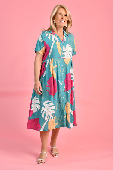 VBLD589 - FREYA MIDI DRESS - MAGIC MONSTERA TEAL