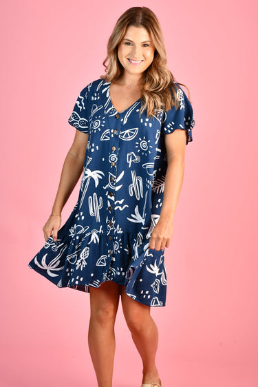 VGLD219 - CAP SLEEVE BUTTON DRESS - TROPICAL FIESTA NAVY