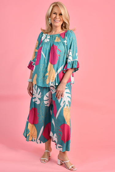 VBLP106 - SYDNEY WIDE LEG PANT - MAGIC MONSTERA TEAL