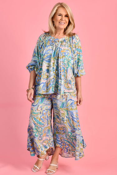 VBLT999 - HEPBURN 3/4 SLEEVE TOP - 70'S SWIRL BLUE