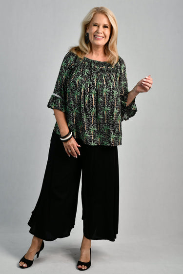 VBLT113 - ROUCHED BELL SLEEVE TOP - AFTER DARK PALM