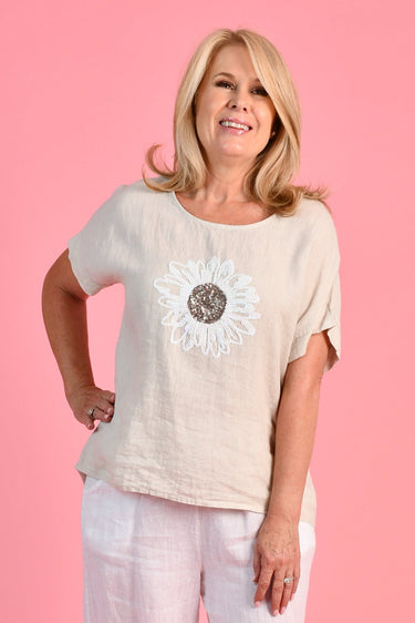 VLST535 (9645) - NATALIE LINEN TEE - NATURAL SEQUIN FLOWER