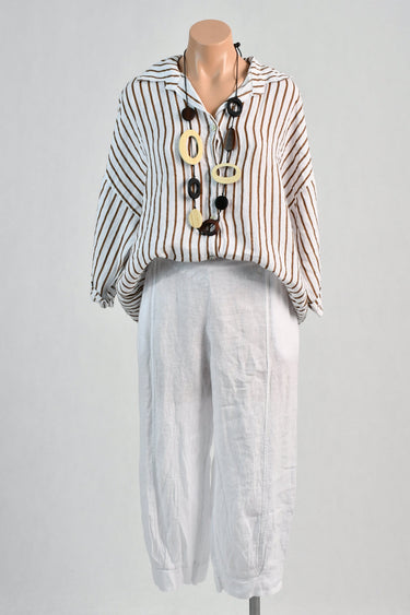 VLST650 (5-13) -  SERENA BUTTON LINEN SHIRT - MOCHA STRIPE