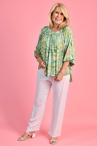 VBLT999 - HEPBURN 3/4 SLEEVE TOP - 70'S SWIRL GREEN