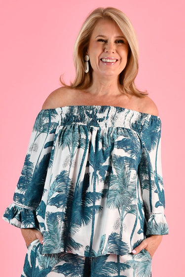 VBLT113 - ROUCHED BELL SLEEVE TOP - PALM BREEZE TEAL