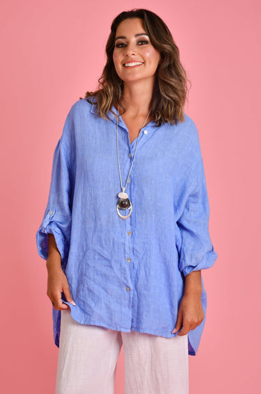 VLST600 (22C196) - NAPLES LINEN BUTTON UP - SEA BLUE