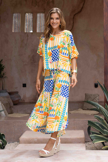 VBLP106 - SYDNEY WIDE LEG PANT - CAPRI CHECK NAVY/ORANGE