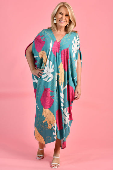 VBLD348 - CUSHLA DRESS - MAGIC MONSTERA TEAL