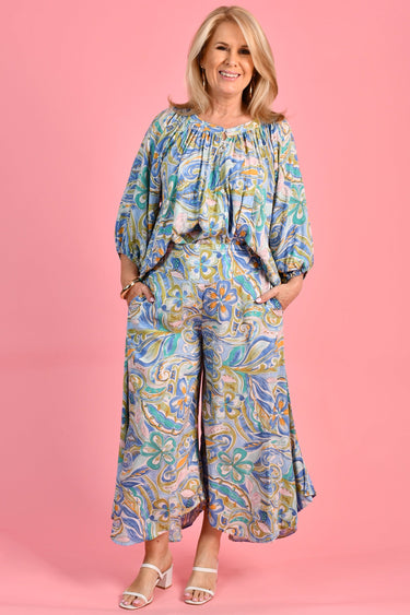 VBLP106 - SYDNEY WIDE LEG PANT - 70'S SWIRL BLUE