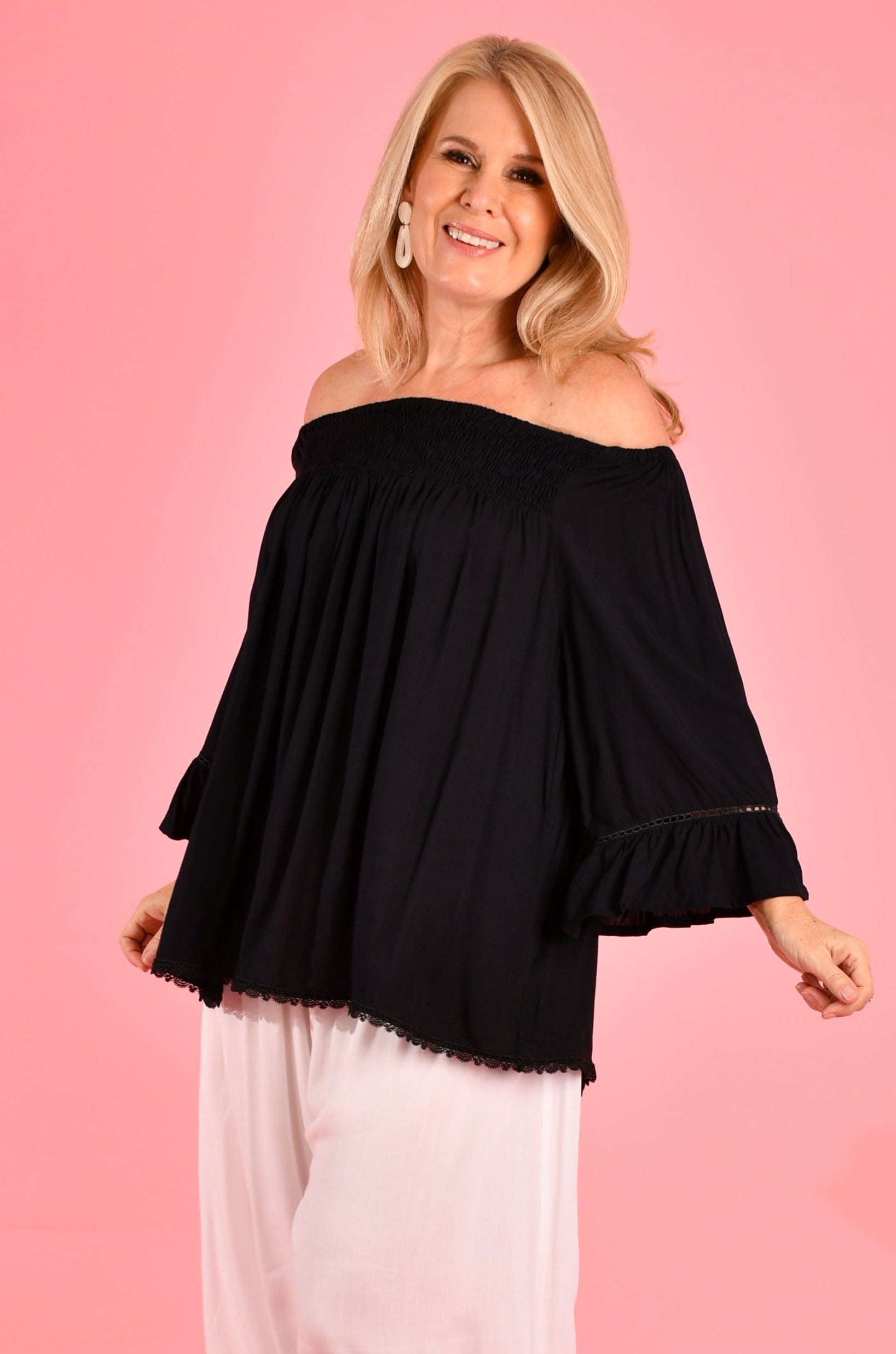 VBLT113 - ROUCHED BELL SLEEVE TOP - BLACK