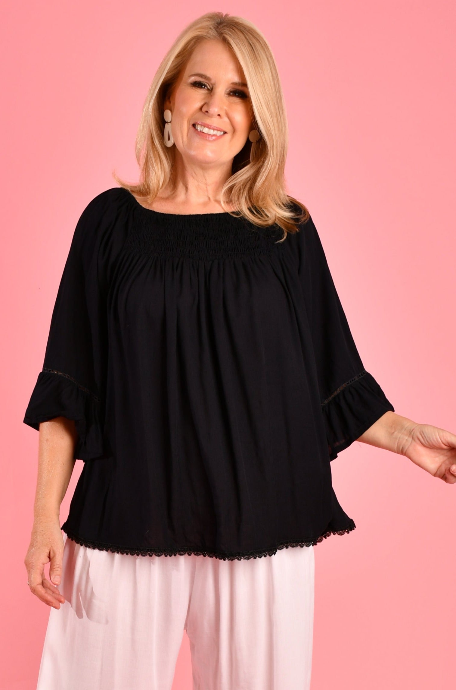 VBLT113 - ROUCHED BELL SLEEVE TOP - BLACK