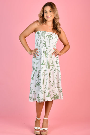 VGLD218 - 3/4 TIERED ROUCHED DRESS - TROPICAL FIESTA SAGE/WHITE