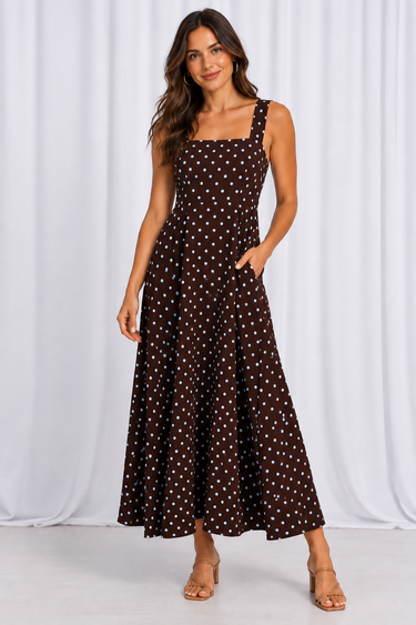 VGLD313 - EMILY MAXI DRESS - CHOC/BLUE DOT