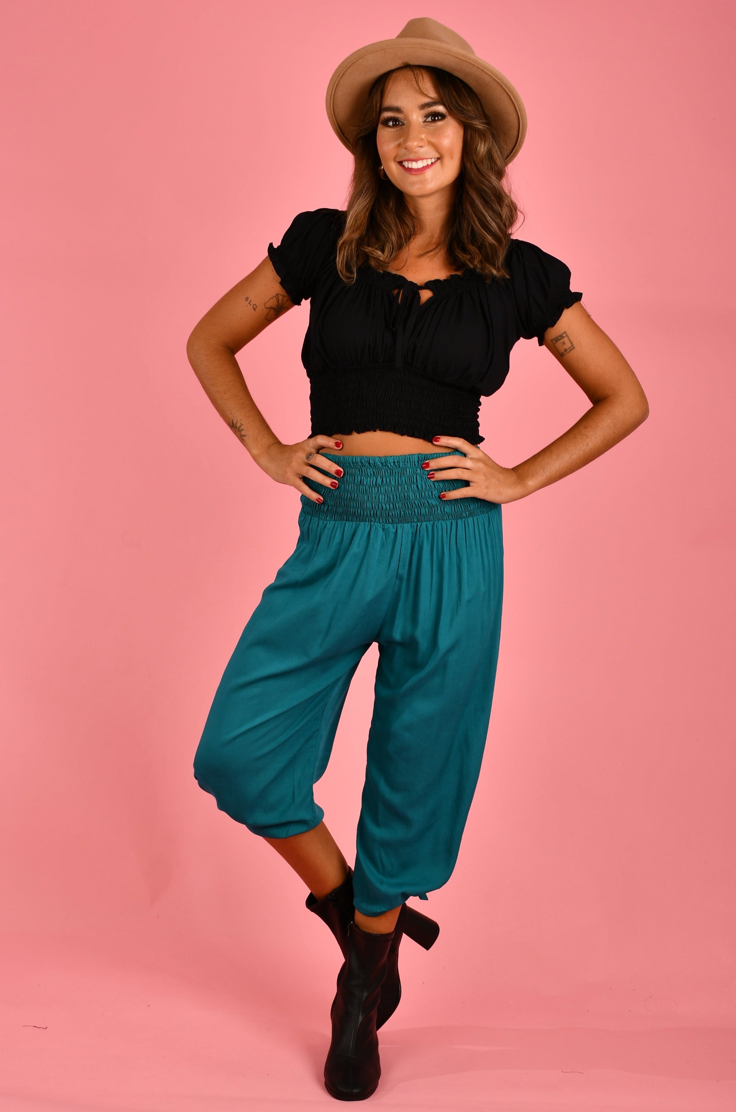 VGLP051 - 3/4 ROUCHED TIE PANTS - TEAL