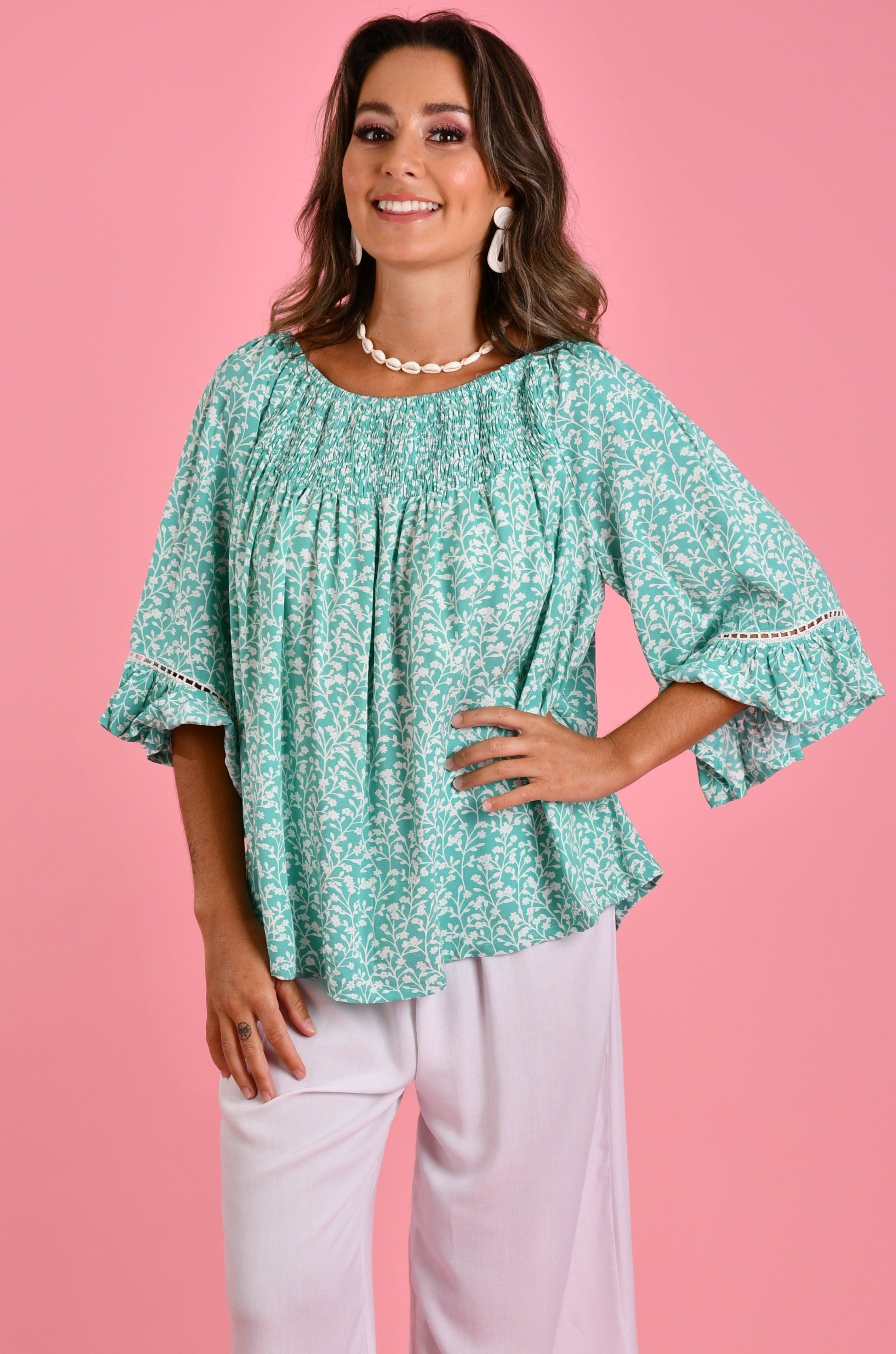 VBLT113 - ROUCHED BELL SLEEVE TOP - BLOSSOM MINT