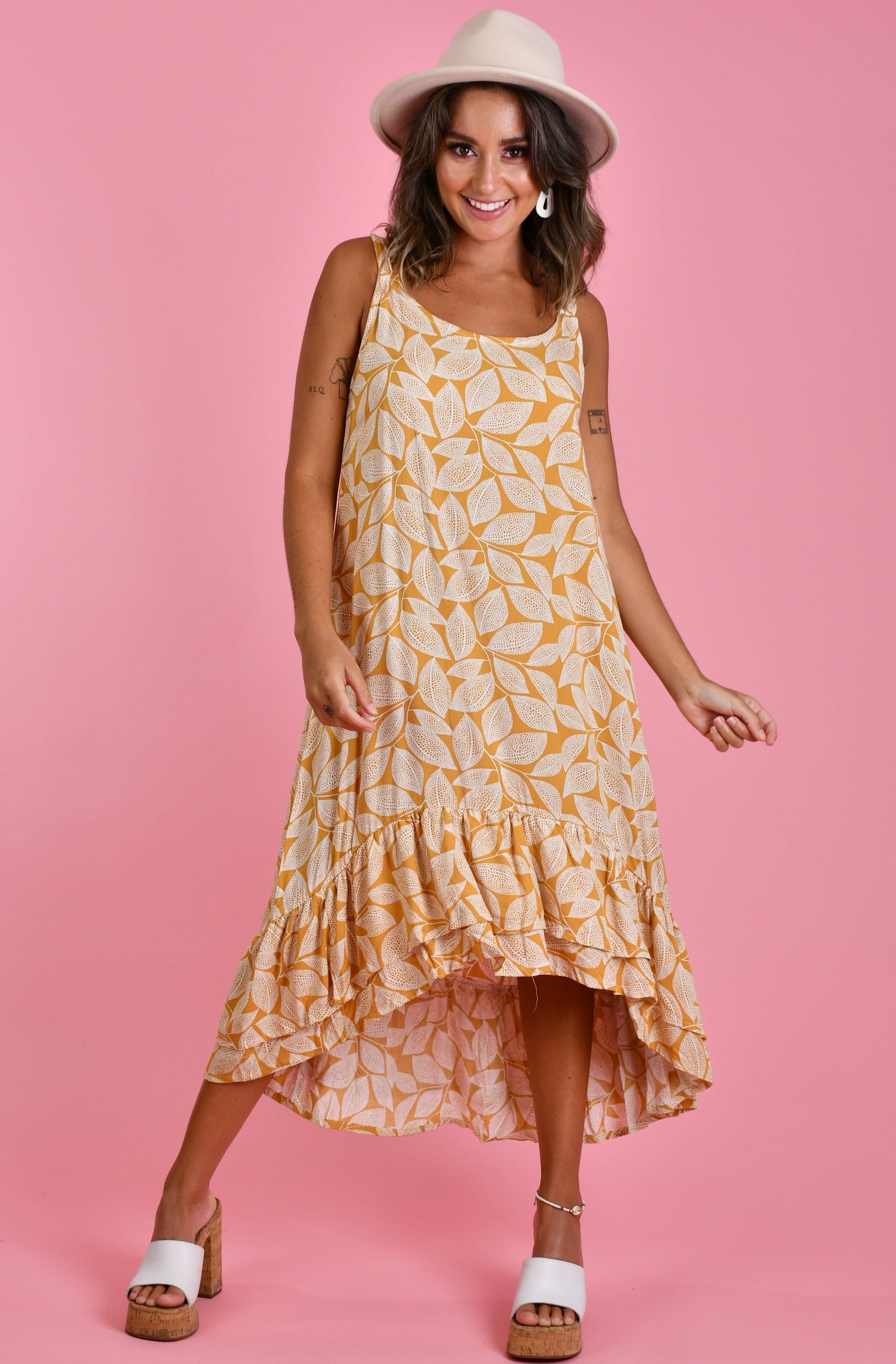 VBLD138 - LIA DOUBLE LAYER DRESS - SPOTTED LEAF MUSTARD